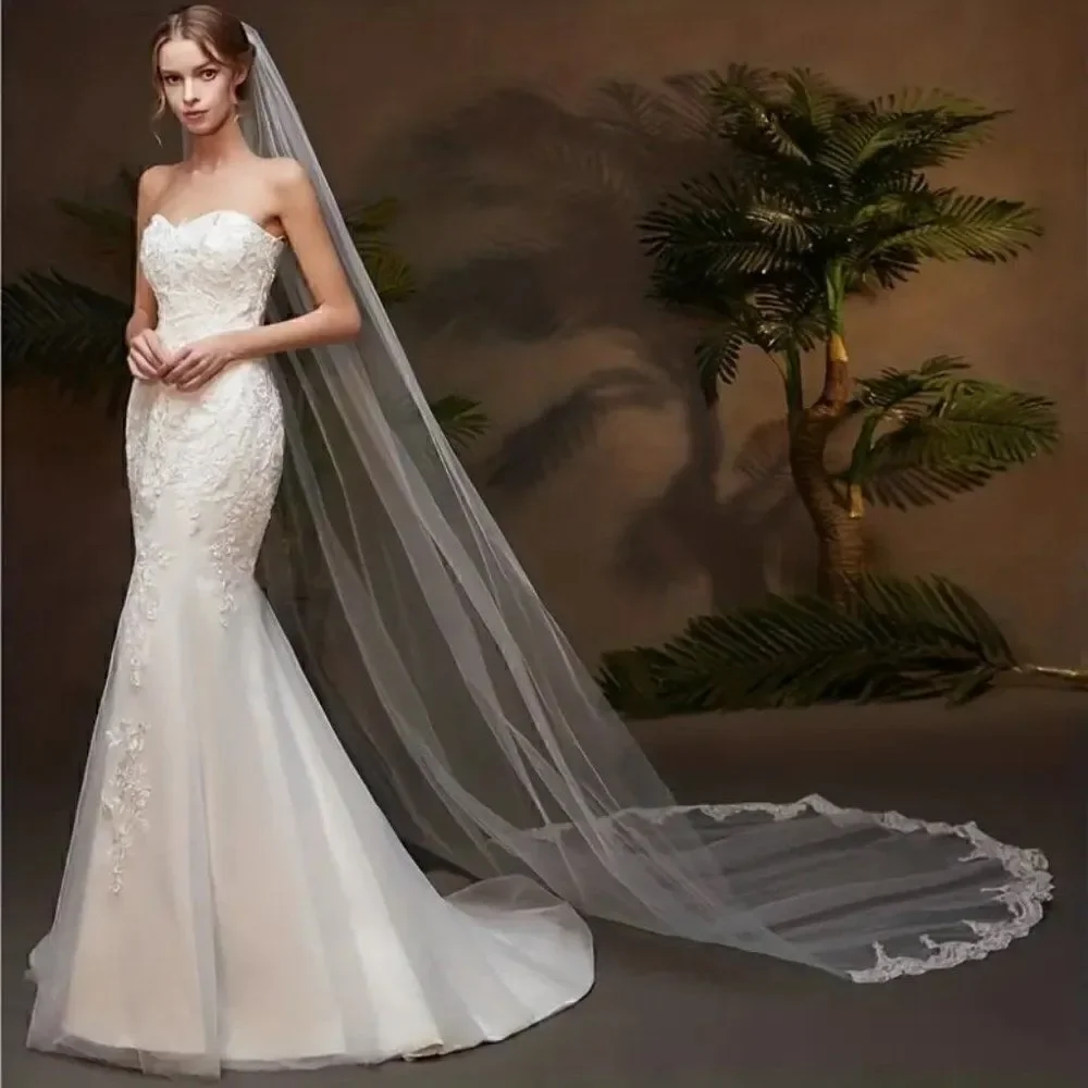Cathedral Bridal Wedding Veil With Embroidered Floral Lace Edge and Comb